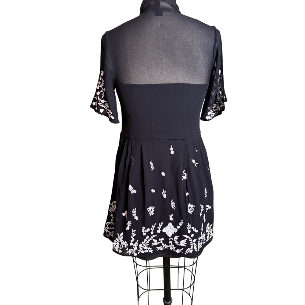 French Connection Dress S Black Dark Romance Coquette Embroidered Tie Neck Mesh - Picture 7 of 8